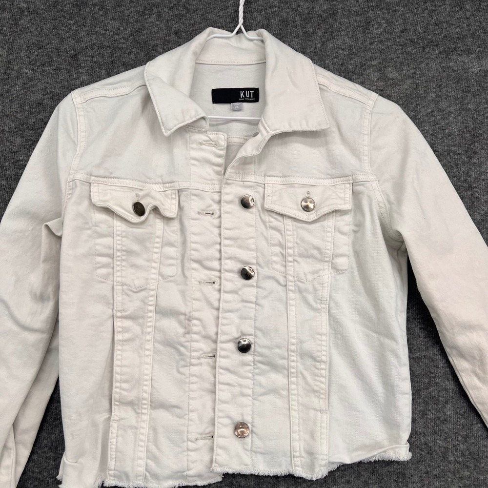 KUT from the Kloth Womens White Raw Hem Denim Trucker Jacket Size XS Cropped - Picture 3 of 10